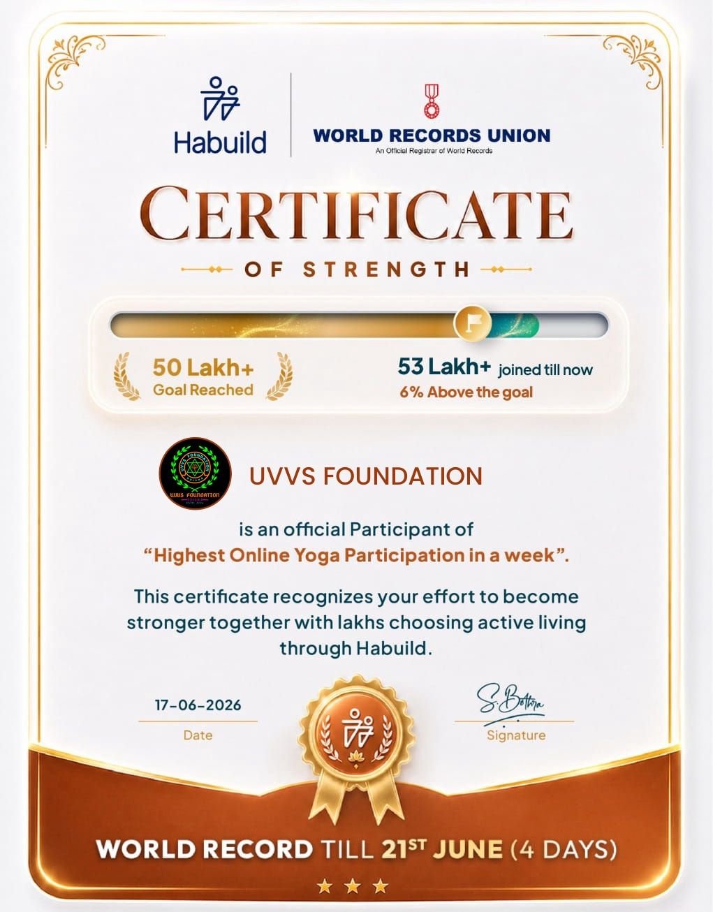 Certificate of Strength – World Record Yoga Participation