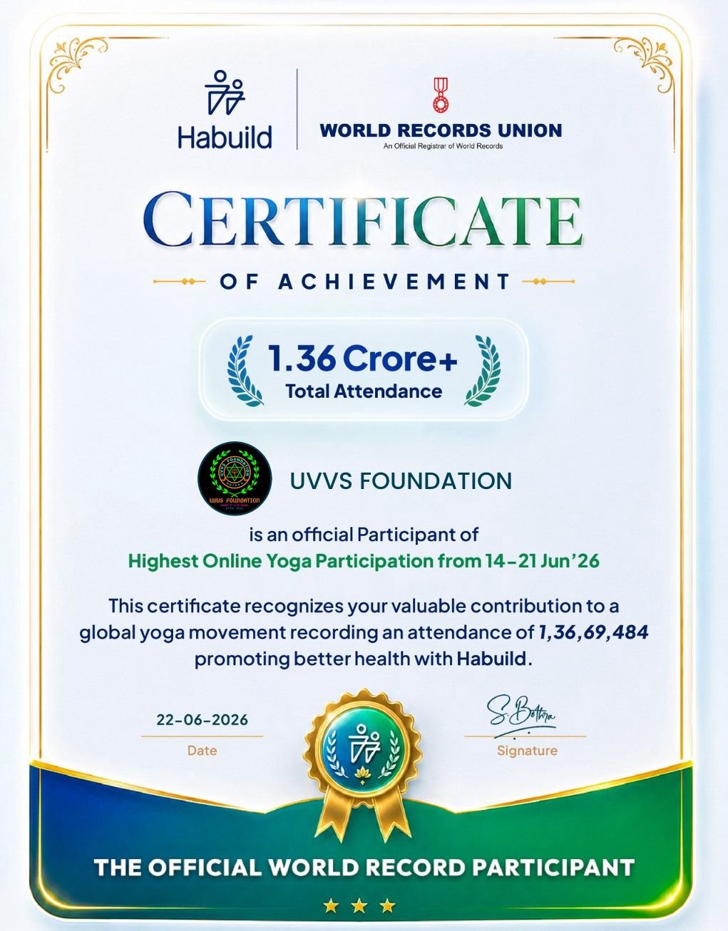 Certificate of Achievement – Official World Record Participant